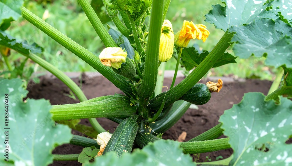 Fototapeta premium Zucchini plant with blossoms and young fruits