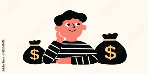 An illustrated individual gazes contemplatively, flanked by two imposing money bags emblazoned with dollar symbols, embodying aspirations of financial success and wealth.