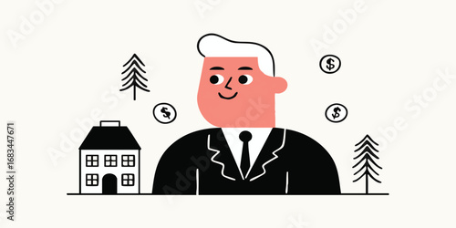 An illustration of an entrepreneur looking to invest, with images of a house and money.