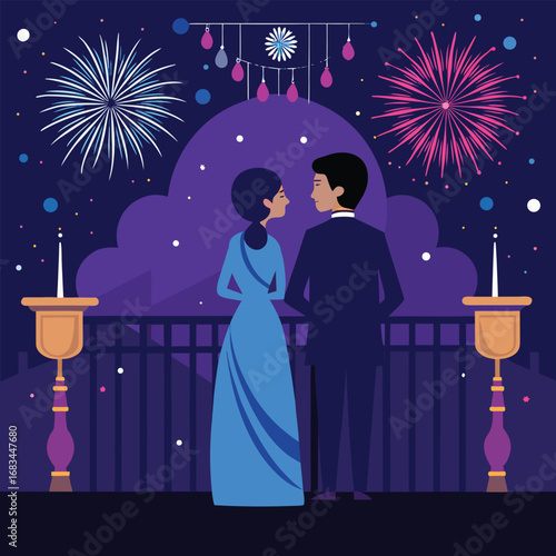 Happy new year, a romantic silhouette of a loving couple kissing against the moonlight and stars in