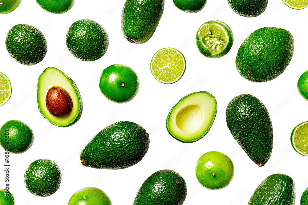 Fresh avocados and limes arranged