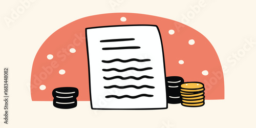 A concise illustration of a contract or bill alongside piles of coins, subtly conveying the concepts of transactions or payments.