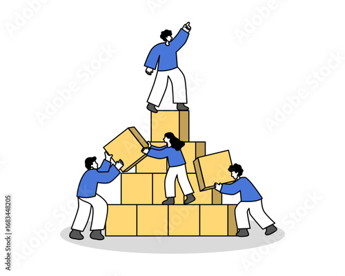 Vector illustration of teamwork building a pyramid together to reach the top, symbolizing cooperation, growth, success, achievement, and unity in business and life.