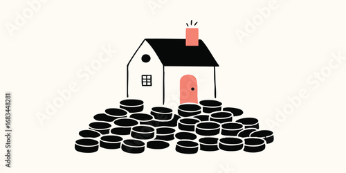 A charming illustration depicts a cozy house atop a towering mound of gleaming coins, subtly alluding to the valuable concept of home ownership and financial investment.