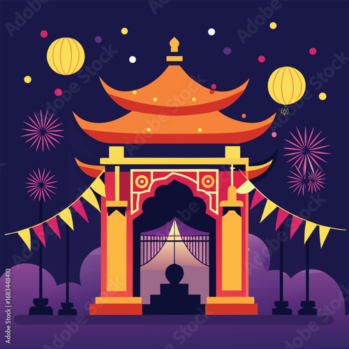 A vintage illustration of a Chinese temple building at night, lit like a fun festival celebration with a carnival moon and stars in the city sky