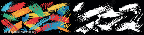 Vibrant abstract paint brush strokes in a dynamic cross pattern with a contrasting black and white alpha channel mask for creative design applications