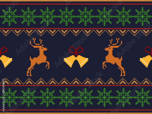 Wallpaper Mural A festive Christmas pixel art border with reindeer, bells, and snowflakes on a dark blue background. Ideal for holiday textiles, digital backgrounds and seasonal designs. Torontodigital.ca
