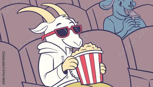 A goat wearing sunglasses and eating popcorn in a cinema, comical and fun, vibrant stock photo style."
