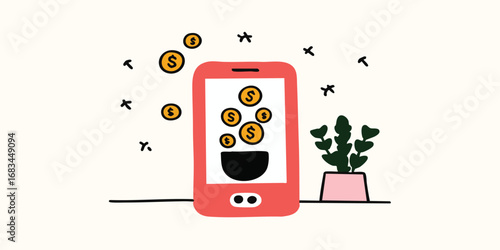 A mobile phone screen overflowing with coins suggests a concept of financial gain or easy earnings. The design features simple line art and bright colors. 
