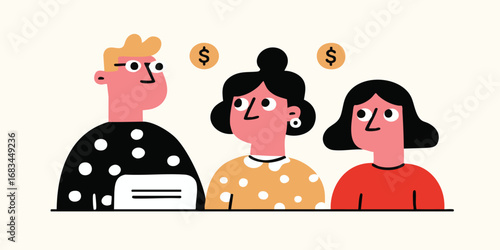 A group of colleagues, represented in a stylized, minimal flat vector illustration, looking towards the future with dollar symbol hovering above.