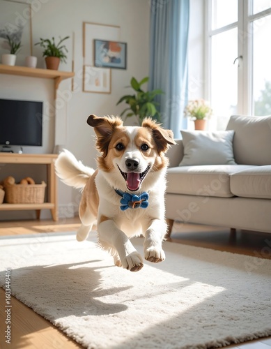 Wallpaper Mural A joyful dog, wearing a blue bow tie, leaps playfully in a sun-drenched living room filled with natural light and warm tones. Torontodigital.ca