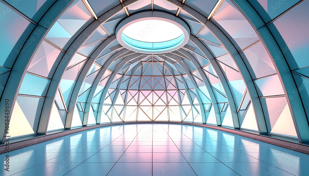 Fototapeta premium A glowing dome interior with pastel geometric patterns and metallic textures, capturing a fusion of vintage and futuristic design. 