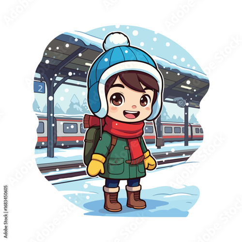 A cheerful little boy in a winter hat and scarf smiles while holding a snowboard in the snow