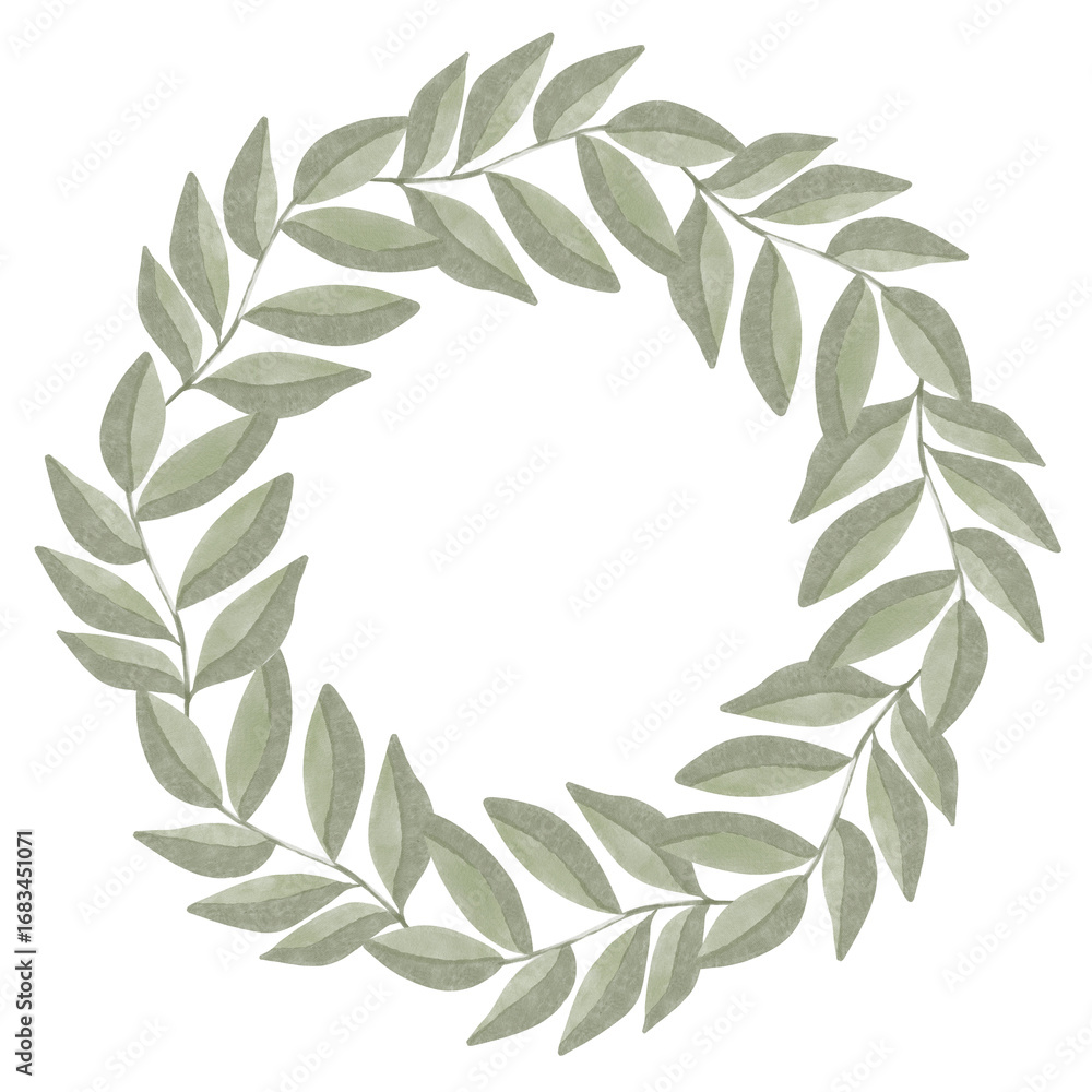 Naklejka premium Round watercolor frame made of leaves in a natural, hand-painted style. Perfect for invitations, greeting cards, eco branding, packaging, and seasonal design projects.