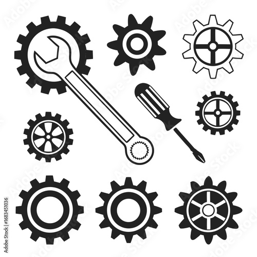 Illustration of various gears a wrench and a screwdriver arranged in a visually appealing composition