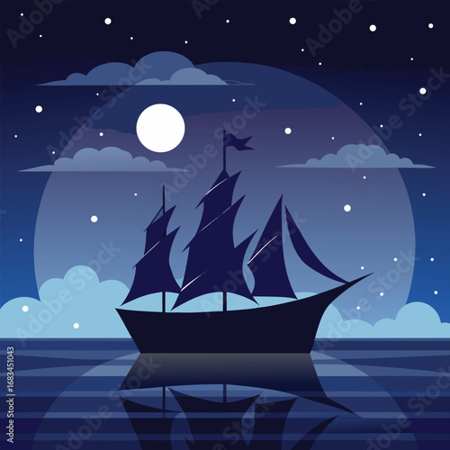 A vector illustration of a lone sailboat sailing on the serene ocean under a starlit night sky