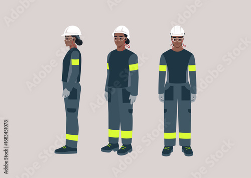A collection of three points of view of a Female engineer in industrial settings, donning safety gear and exuding professionalism while engaging in her tasks with enthusiasm