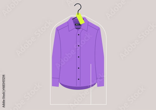 A freshly dry-cleaned purple shirt in a clear plastic cover hangs on a black hanger with a visible tag, set against a muted background to highlight modern fashion care and style