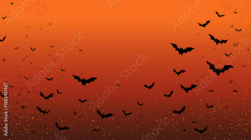Halloween background with bats flying in orange spooky night sky art