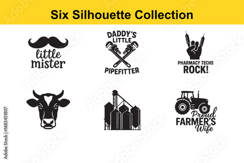 A collection of six distinct silhouette designs featuring a mustache, pipefitter tools, rock hand gesture, cow, farmer, and tractor.