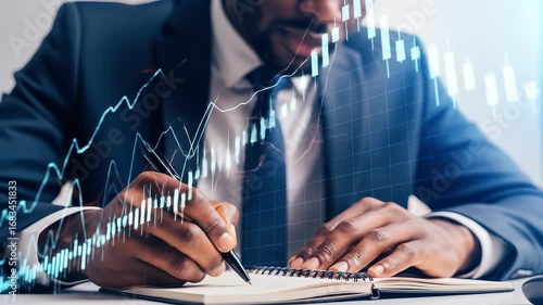 Analyzing the Market: African American Businessman Strategizing with Financial Charts and Data in a Notebook