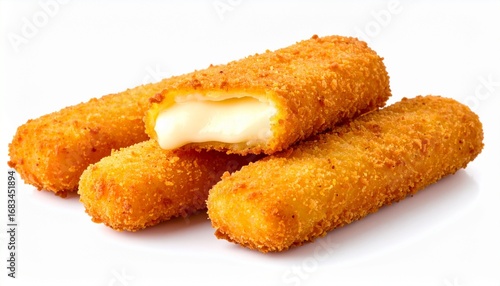 Golden fried mozzarella sticks with crispy coating melted cheese filling appetizing snack isolated on white background
