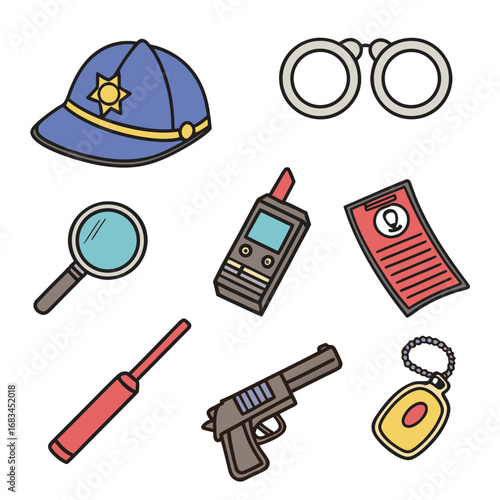 Illustration showing a police hat, binoculars, magnifying glass and other detective related objects