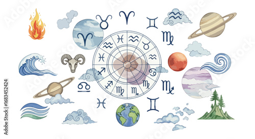 A vibrant watercolor illustration of the zodiac wheel surrounded by astrological symbols planets elemental representations and celestial bodies against a white background