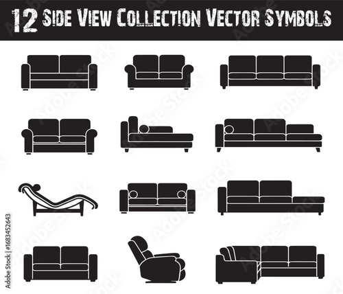 Collection of twelve diverse vector silhouette symbols showcasing various sofa and couch designs presented in a clear side view for interior design and furniture concepts