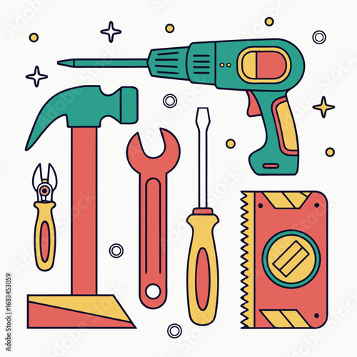 Illustration of various construction and repair tools including hammer drill and screwdriver wrench and tape