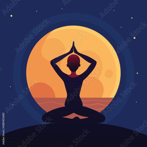 Sunset yoga silhouette: a woman's peaceful meditation pose with a chakra illustration for spiritual