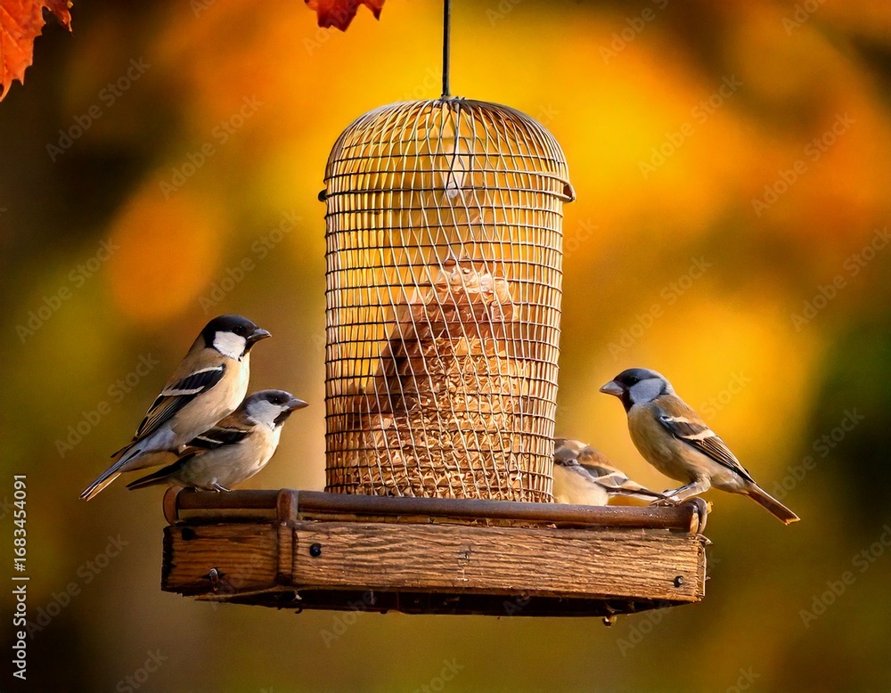 Naklejka premium Colorful exotic birds perched on branches and feeders in vibrant natural backgrounds, featuring cardinals, parrots, finches, hummingbirds, woodpeckers, and tropical wildlife