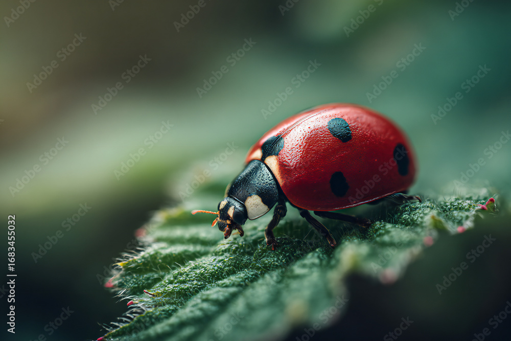 Naklejka premium Red ladybug crawling on a green leaf, macro close-up with detailed textures, blurred natural background
