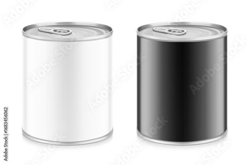 Hight realistic tin can with easy-open lid mockup set. Vector illustration isolated on white background. Easy to use for presentation your product, idea, design. EPS10.