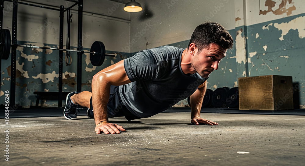Fototapeta premium Young Man Performing Push-Ups in a Gym Setting