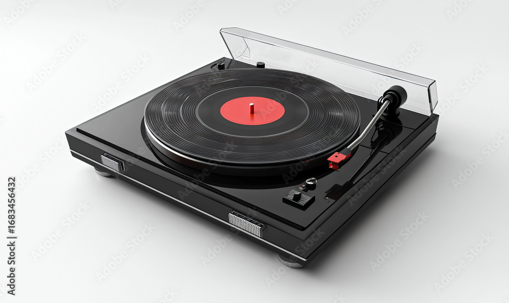 Fototapeta premium Classic Turntable with Black Vinyl Record on White Background