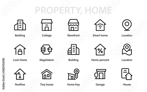 Professional House Property Construction Line Icon Set, Modern Minimal Vector Collection Featuring Clean Real Estate and Contemporary Building Graphics