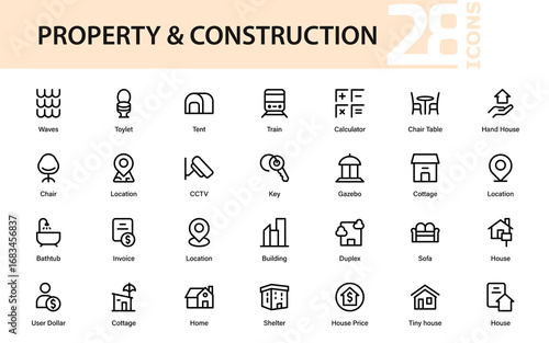 House Property Construction Professional Line Icon Set, Modern Minimal Outline Vector Pack Highlighting Real Estate and Elegant Architectural Structures