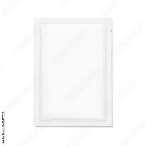 Four side seal sachet bag with tear notch mockup. Flat lay view. Vector illustration isolated on white background. Can be use for template your design, presentation, promo, ad. EPS10.