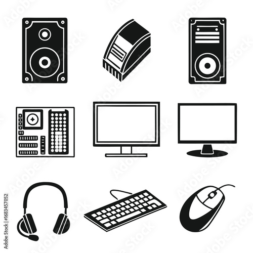 Illustration of computer peripherals including monitors keyboard mouse and audio equipment displayed in black