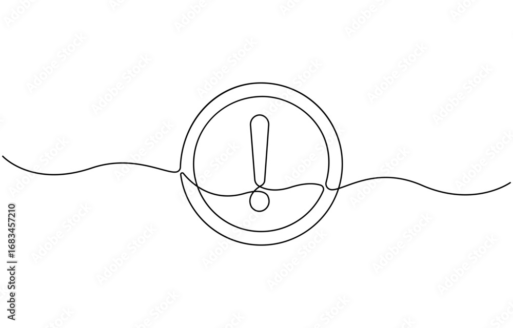 Fototapeta premium Dangerous sign continuous one line drawing. Vector outline of warning icon with exclamation mark in a triangle, One line art danger sign. Graphic illustration.