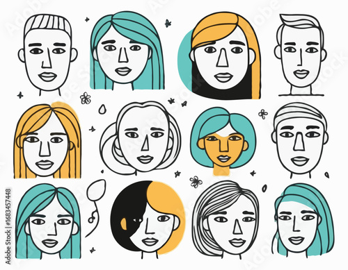 Set of people faces hand drawn in doodle style.Black lines and silhuette.Social network concept.Vector illustration.