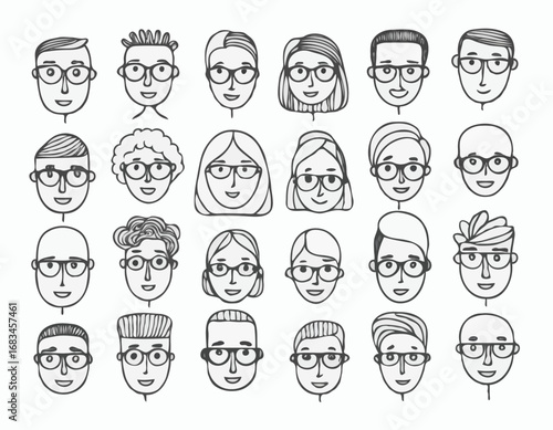 Set of people faces hand drawn in doodle style.Black lines and silhuette.Social network concept.Vector illustration.