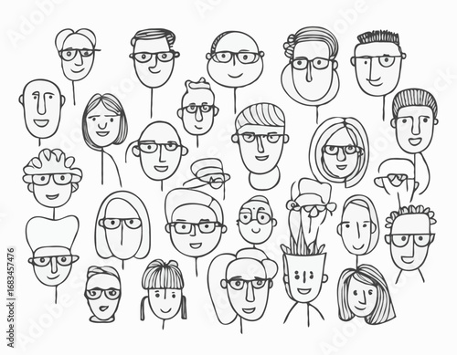 Set of people faces hand drawn in doodle style.Black lines and silhuette.Social network concept.Vector illustration.