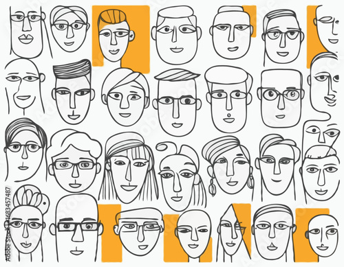 Set of people faces hand drawn in doodle style.Black lines and silhuette.Social network concept.Vector illustration.