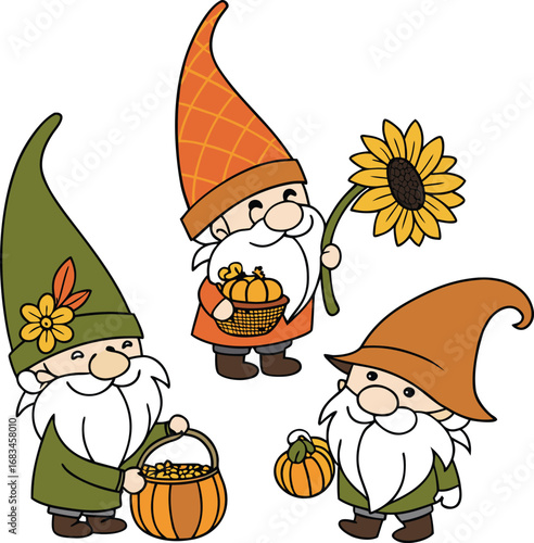 Three cartoon gnomes with pumpkins and sunflower autumn