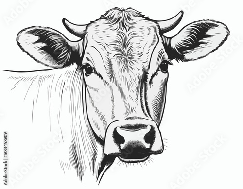 Farm cow head sketch hand drawn line art engraving Vector illustration
