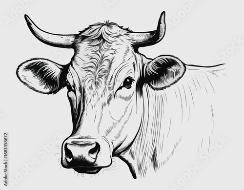 Farm cow head sketch hand drawn line art engraving Vector illustration