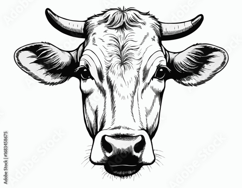 Farm cow head sketch hand drawn line art engraving Vector illustration