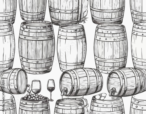 Wooden barrels of wine vintage sketch hand drawn engraved style Vector illustration